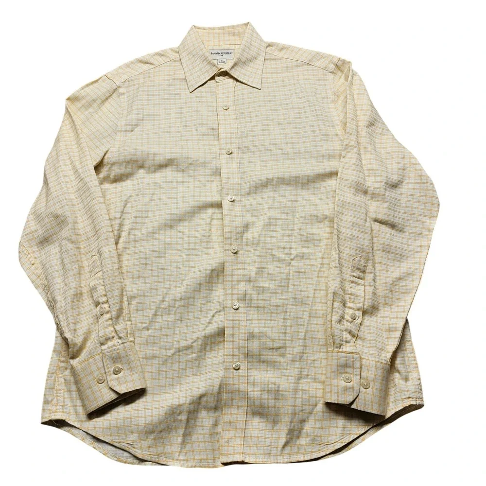 Banana Republic Mens Small Yellow White Plaid Cotton Button Down Shirt 14-14.5